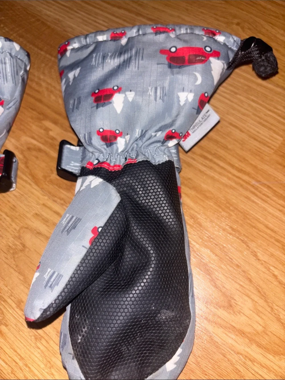 Kids Grey Mittens with Red Car Print - Cozy Winter Gloves - youth L